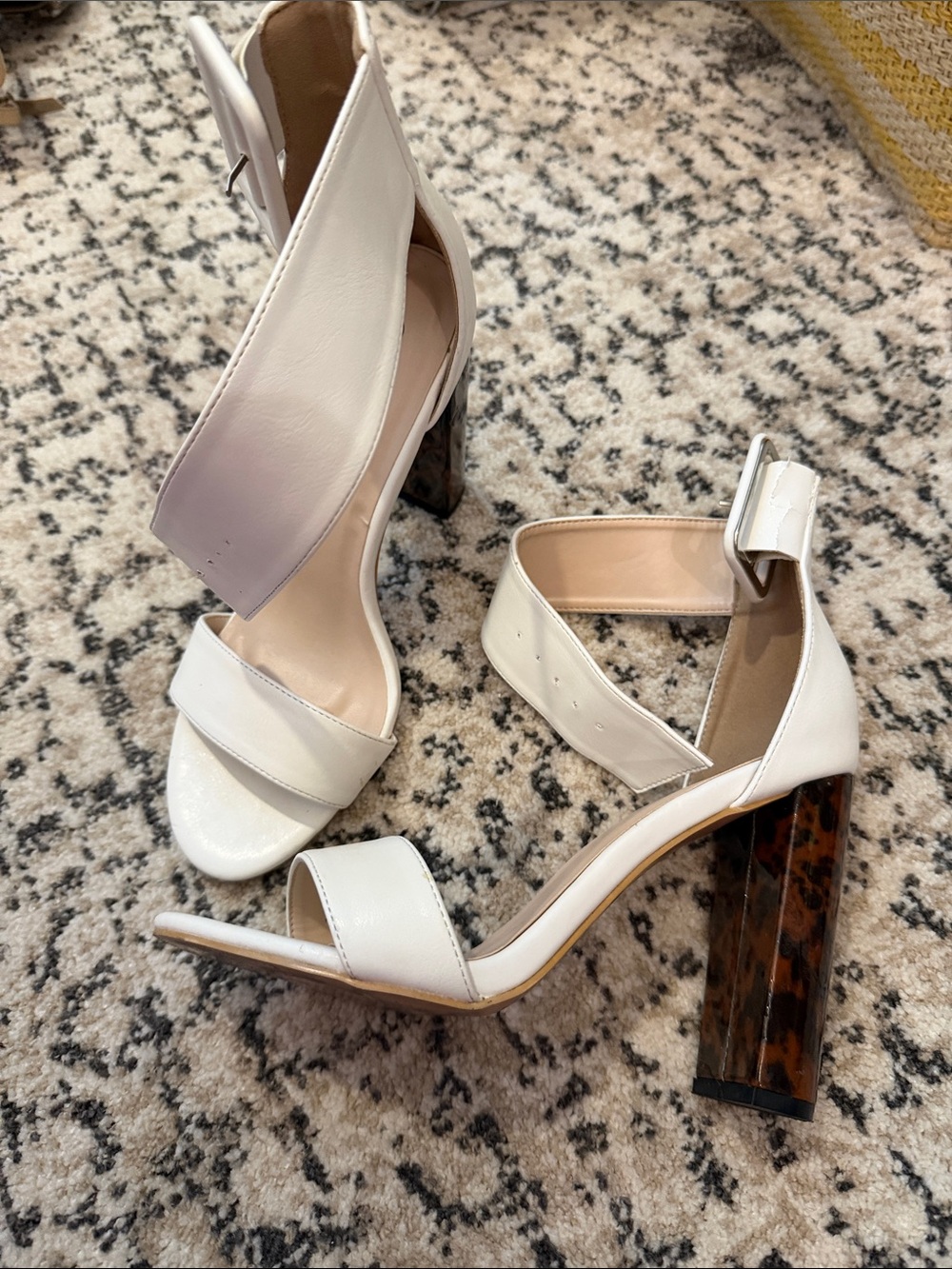 Nasty Gal White Ankle-Strap Block Heel Sandals with Tortoiseshell Heel